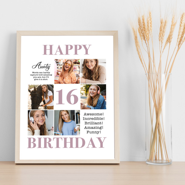 Photo Collage 16th Birthday Personalised Gift For Aunty 6-Photo Print Or Canvas