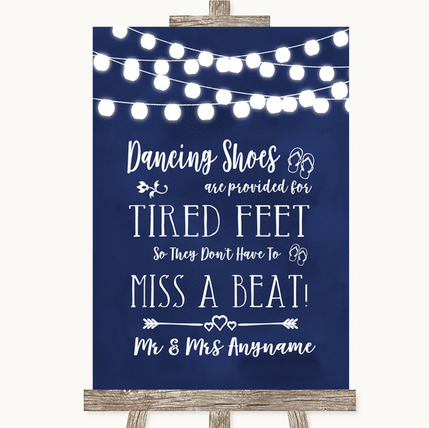 Navy Blue Watercolour Lights Dancing Shoes Flip-Flop Tired Feet Wedding Sign