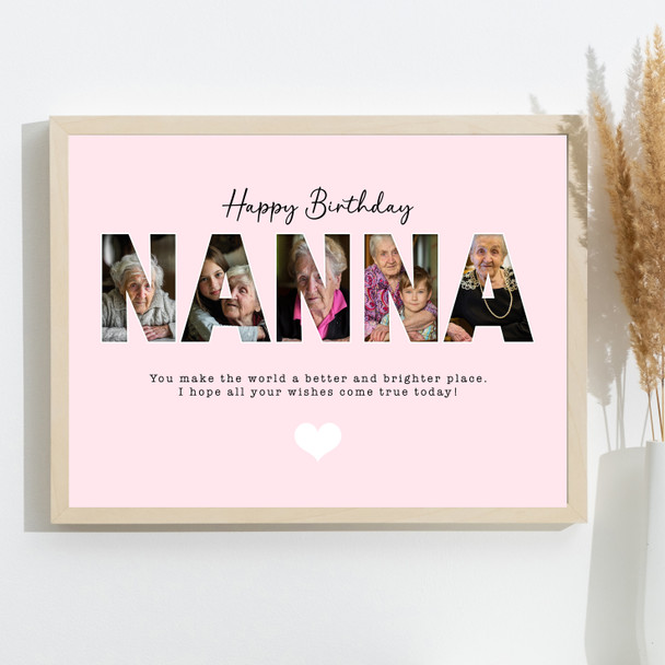 Photo Collage Pink 5-Photo Birthday Personalised Gift For Nanna Print Or Canvas