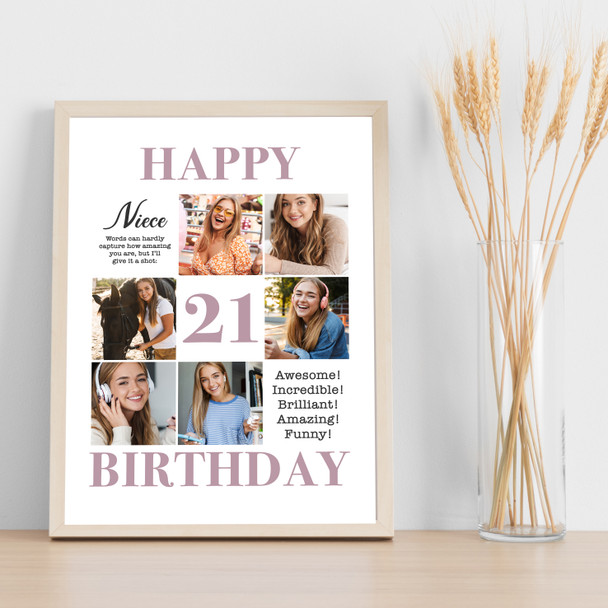 Photo Collage 21st Birthday Personalised Gift For Niece 6-Photo Print Or Canvas