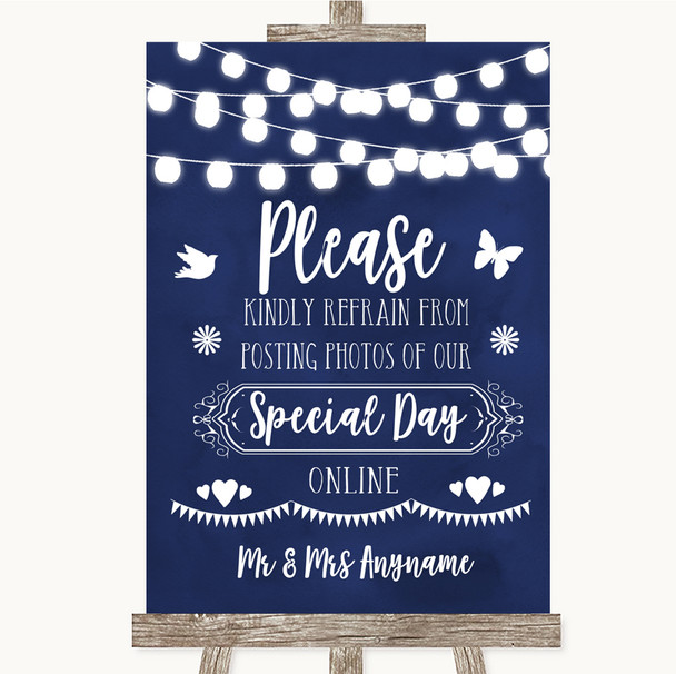 Navy Blue Watercolour Lights Don't Post Photos Online Social Media Wedding Sign