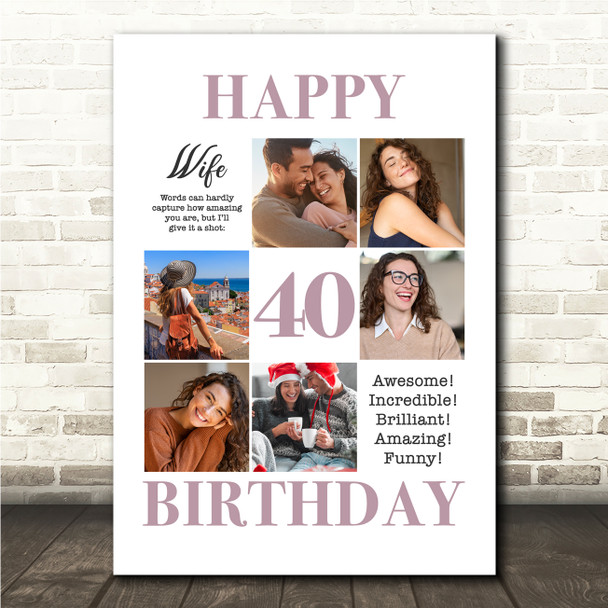 Photo Collage 40th Birthday Personalised Gift For Wife 6-Photo Print Or Canvas