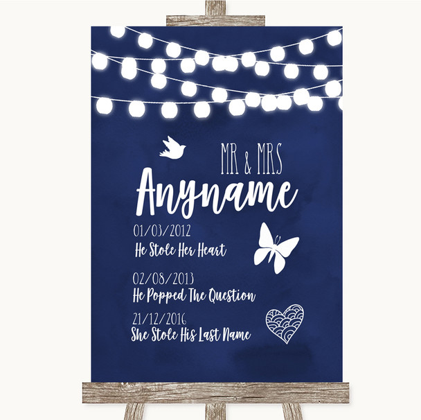 Navy Blue Watercolour Lights Important Special Dates Personalised Wedding Sign