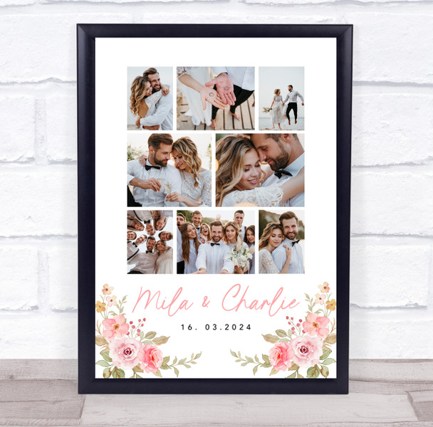 Photo Collage Wedding Personalised Gift 8-Photo Pink Floral Print Or Canvas