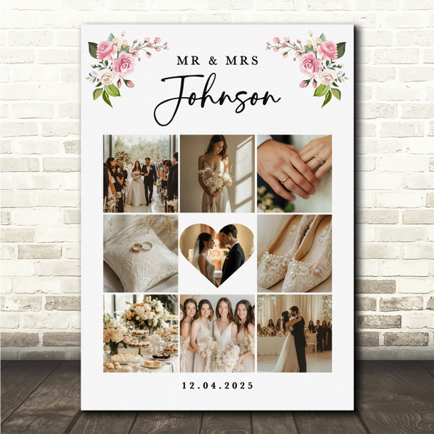Photo Collage Wedding Personalised Gift 9-Photo Pink Floral Print Or Canvas