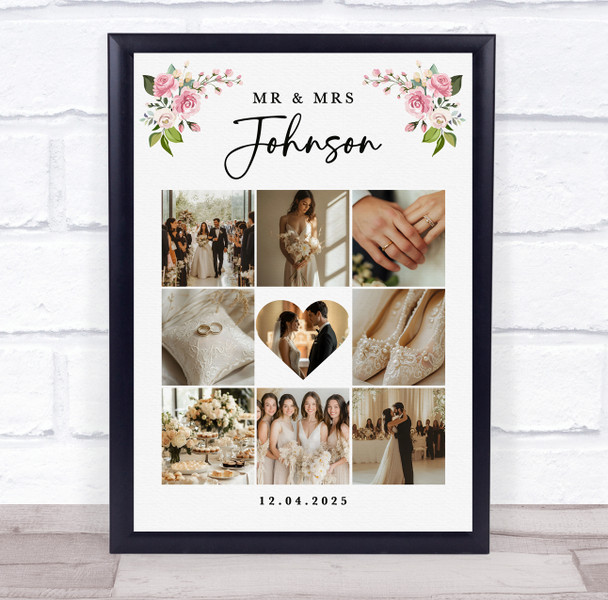 Photo Collage Wedding Personalised Gift 9-Photo Pink Floral Print Or Canvas