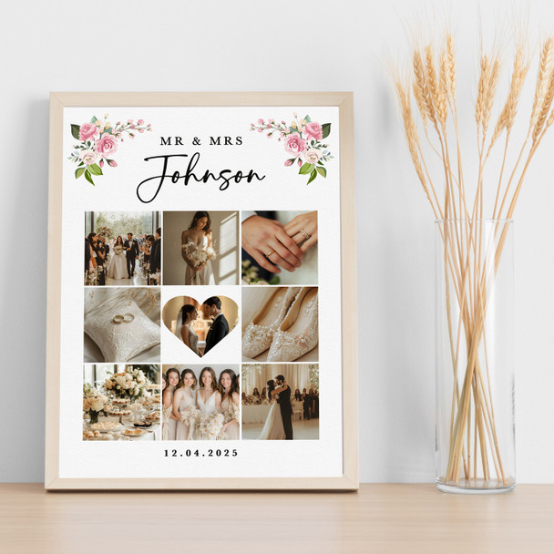 Photo Collage Wedding Personalised Gift 9-Photo Pink Floral Print Or Canvas