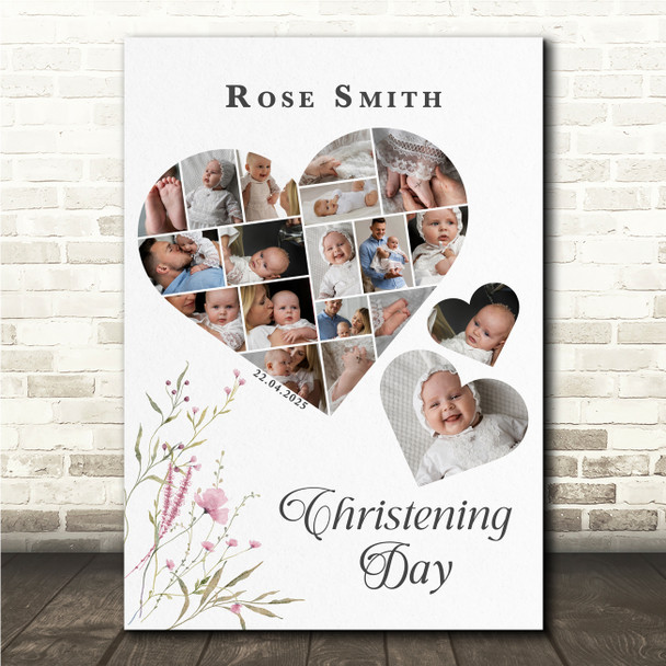 Photo Collage Christening Personalised Gift 19-Photo Floral Print Or Canvas