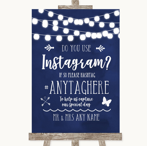 Navy Blue Watercolour Lights Instagram Photo Sharing Personalised Wedding Sign