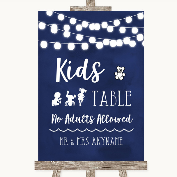 Navy Blue Watercolour Lights Kids Table Personalised Wedding Sign Navy Blue Watercolour Lights Kids Table Personalised Wedding Sign