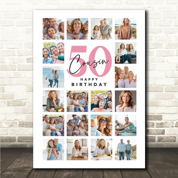 Photo Collage 50th Birthday Gift For Cousin 20-Photo Portrait Print Or Canvas