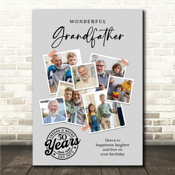 Photo Collage 50th Birthday Gift For Grandfather 7-Photo Grey Print Or Canvas