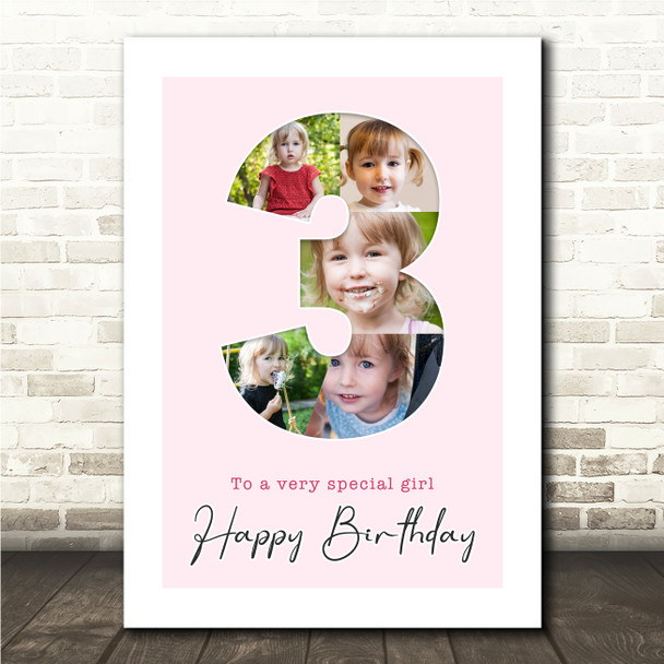 Photo Collage 5-Photo 3rd Birthday Custom Gift For Girls Pink Print Or Canvas