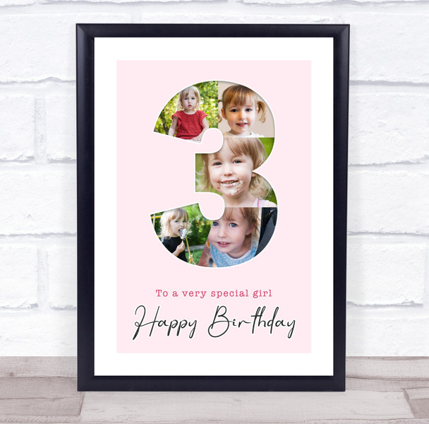 Photo Collage 5-Photo 3rd Birthday Custom Gift For Girls Pink Print Or Canvas