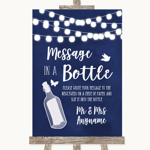 Navy Blue Watercolour Lights Message In A Bottle Personalised Wedding Sign