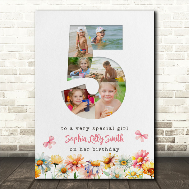 Photo Collage 6-Photo 5th Birthday Gift For Kids Girls Floral Print Or Canvas