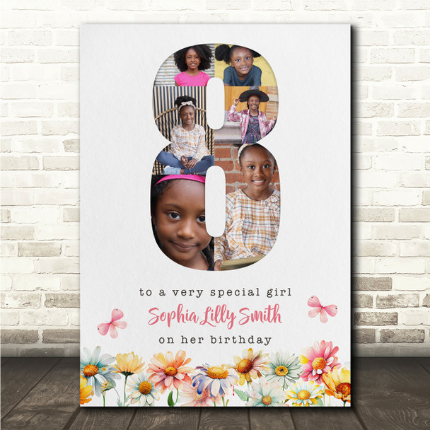 Photo Collage 6-Photo 8th Birthday Gift For Kids Girls Floral Print Or Canvas