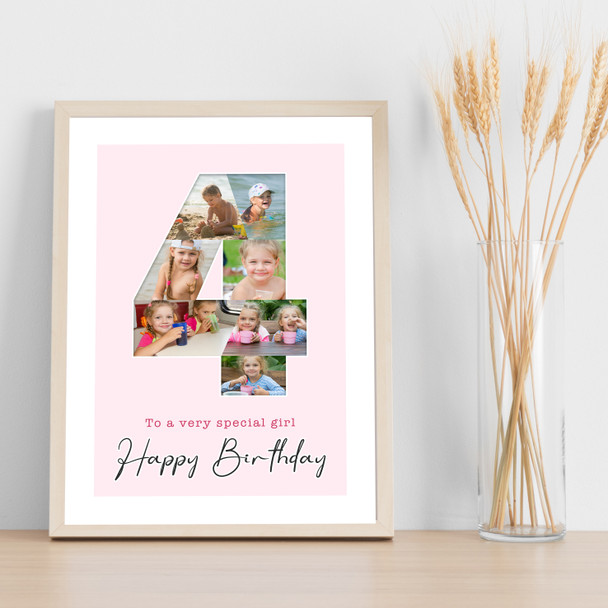 Photo Collage 7-Photo 4th Birthday Custom Gift For Girls Pink Print Or Canvas