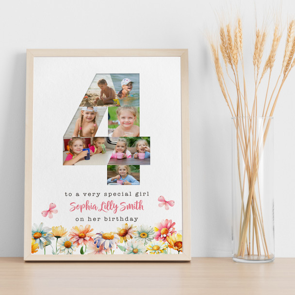 Photo Collage 7-Photo 4th Birthday Gift For Kids Girls Floral Print Or Canvas
