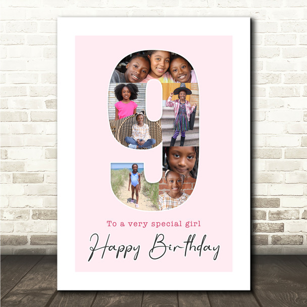 Photo Collage 7-Photo 9th Birthday Custom Gift For Girls Pink Print Or Canvas