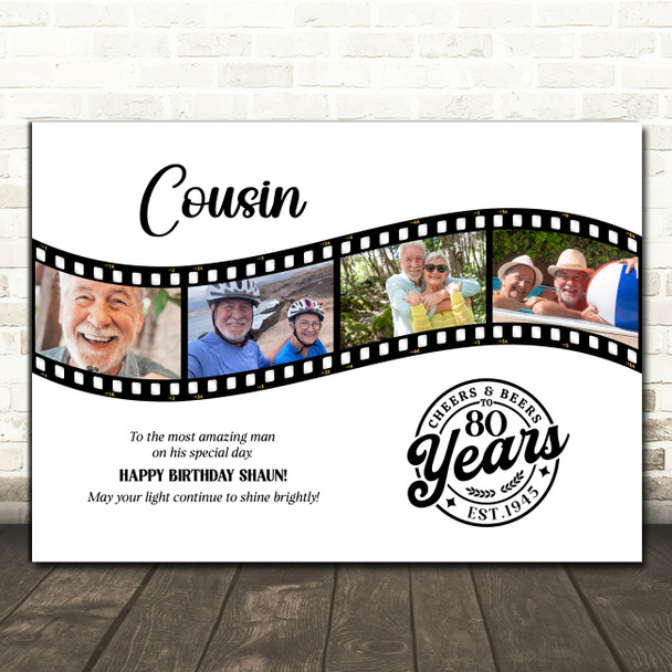 Photo Collage 80th Birthday Gift For Cousin 4-Photo Film Reel Print Or Canvas