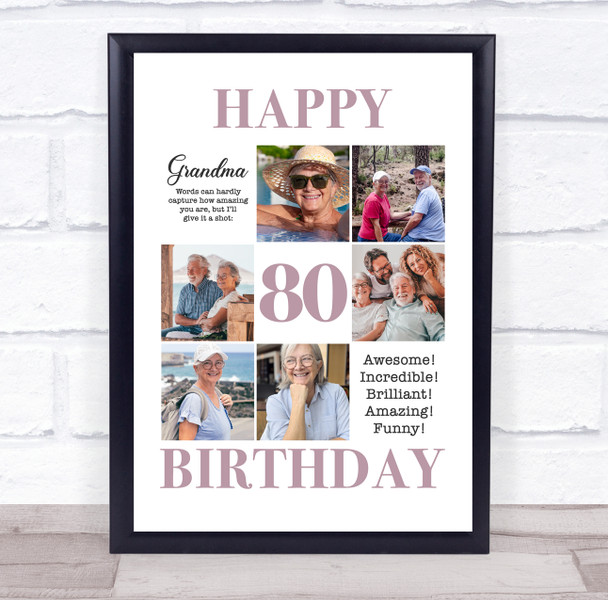 Photo Collage 80th Birthday Gift For Grandma 6-Photo Portrait Print Or Canvas