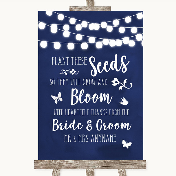 Navy Blue Watercolour Lights Plant Seeds Favours Personalised Wedding Sign