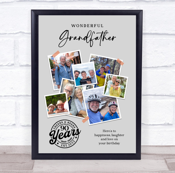 Photo Collage 90th Birthday Gift For Grandfather 7-Photo Grey Print Or Canvas