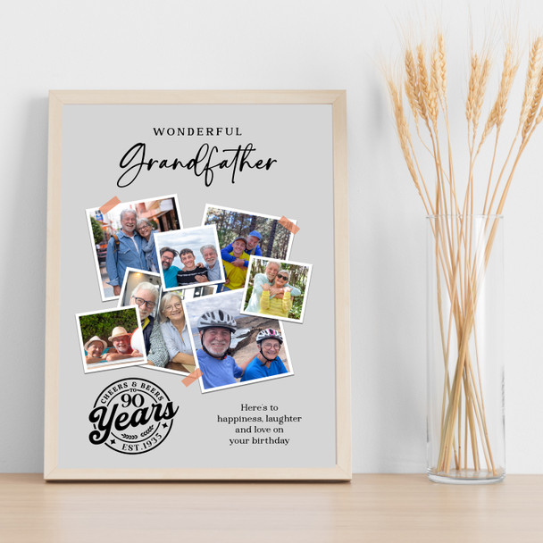 Photo Collage 90th Birthday Gift For Grandfather 7-Photo Grey Print Or Canvas