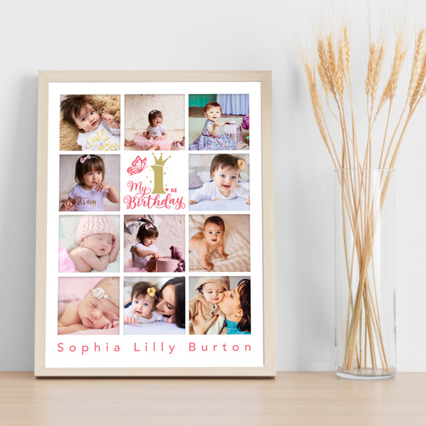 Photo Collage 11-Photo 1st Birthday Custom Gift For Baby Girl Print Or Canvas