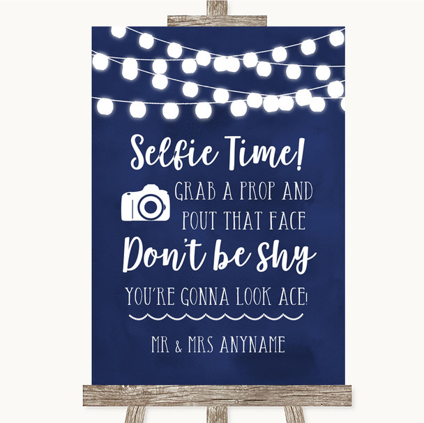 Navy Blue Watercolour Lights Selfie Photo Prop Personalised Wedding Sign