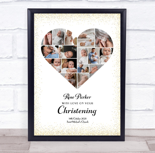 Photo Collage Christening Gift 17-Photo Heart Gold Dots Frame Print Or Canvas