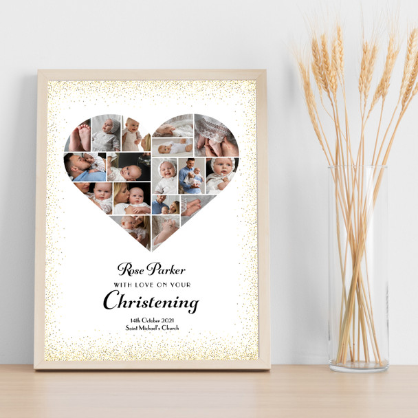 Photo Collage Christening Gift 17-Photo Heart Gold Dots Frame Print Or Canvas