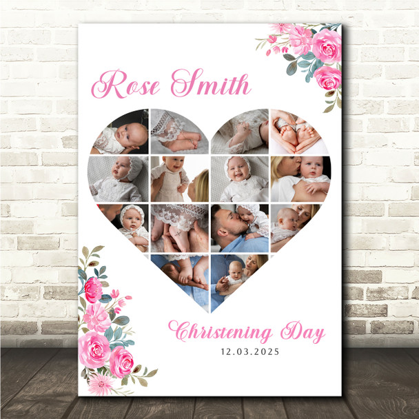Photo Collage Christening Gift For Girls 14-Photo Pink Floral Print Or Canvas