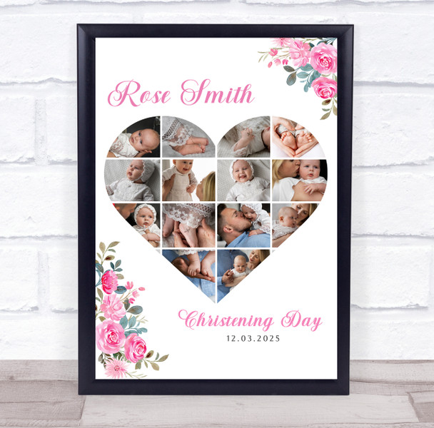 Photo Collage Christening Gift For Girls 14-Photo Pink Floral Print Or Canvas