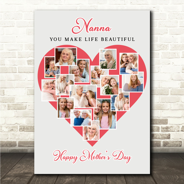 Photo Collage Gift For Nanna Mother's Day 16-Photo Red Heart Print Or Canvas