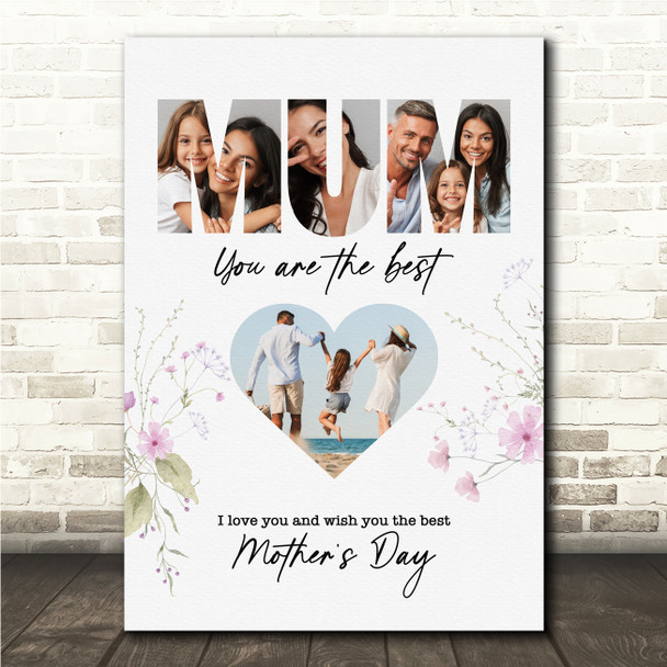 Photo Collage Mother's Day Gift For Mum 4-Photo Heart Floral Print Or Canvas