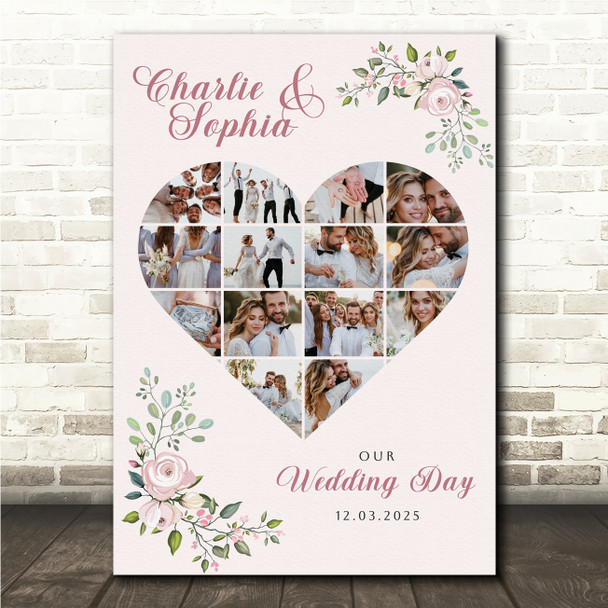 Photo Collage Wedding Custom Gift 14-Photo Heart Pink Floral Print Or Canvas