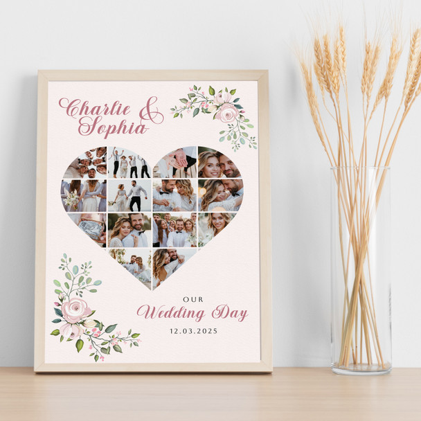 Photo Collage Wedding Custom Gift 14-Photo Heart Pink Floral Print Or Canvas