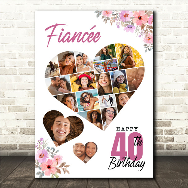 Photo Collage 40th Birthday Gift For Fiancée 19-Photo Floral Print Or Canvas