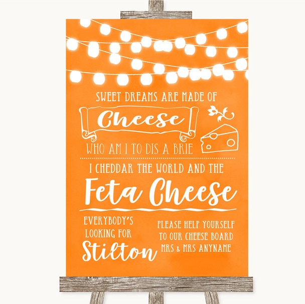 Orange Watercolour Lights Cheeseboard Cheese Song Personalised Wedding Sign