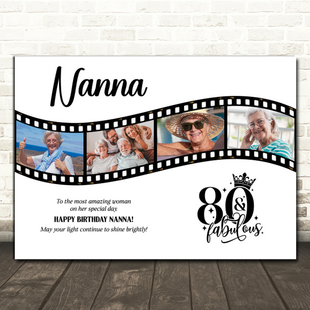 Photo Collage 80th Birthday Gift For Nanna 4-Photo Film Reel Print Or Canvas