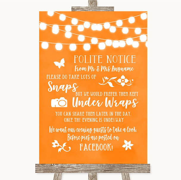 Orange Watercolour Lights Don't Post Photos Facebook Personalised Wedding Sign