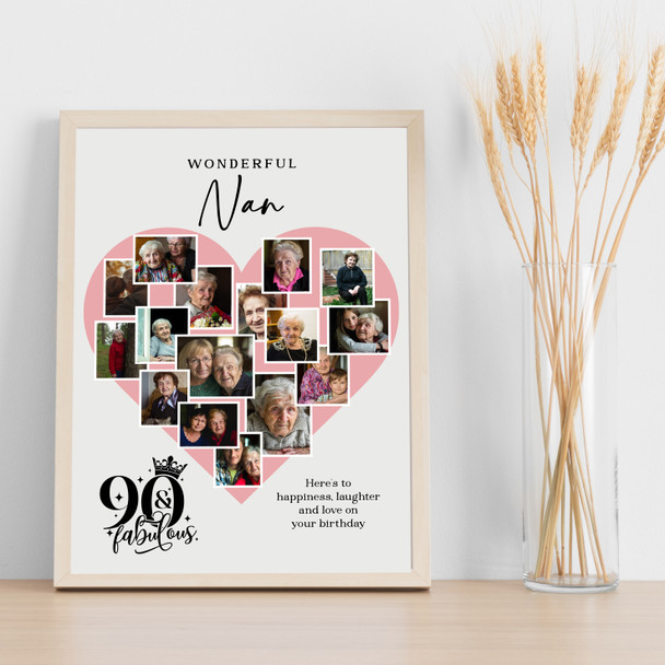 Photo Collage 90th Birthday Gift For Nan 16-Photo Pink Heart Print Or Canvas