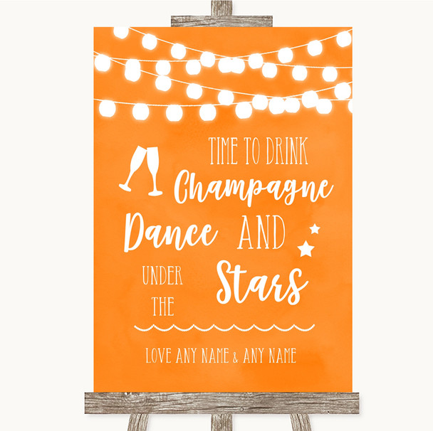 Orange Watercolour Lights Drink Champagne Dance Stars Personalised Wedding Sign