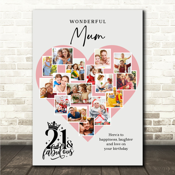 Photo Collage 21st Birthday Gift For Mum 16-Photo Pink Heart Print Or Canvas