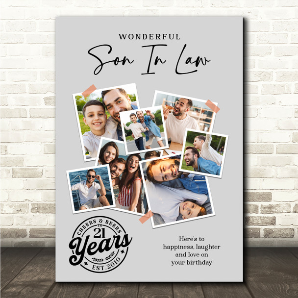 Photo Collage 21st Birthday Gift For Son-In-Law 7-Photo Grey Print Or Canvas