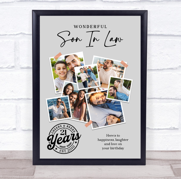 Photo Collage 21st Birthday Gift For Son-In-Law 7-Photo Grey Print Or Canvas