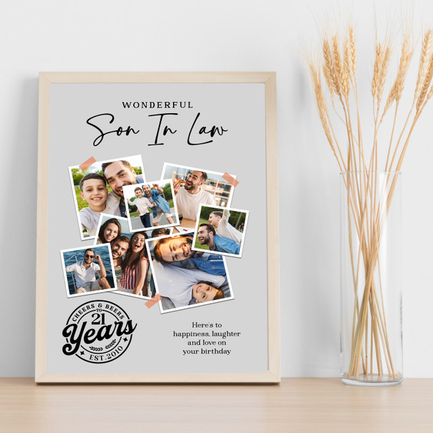 Photo Collage 21st Birthday Gift For Son-In-Law 7-Photo Grey Print Or Canvas