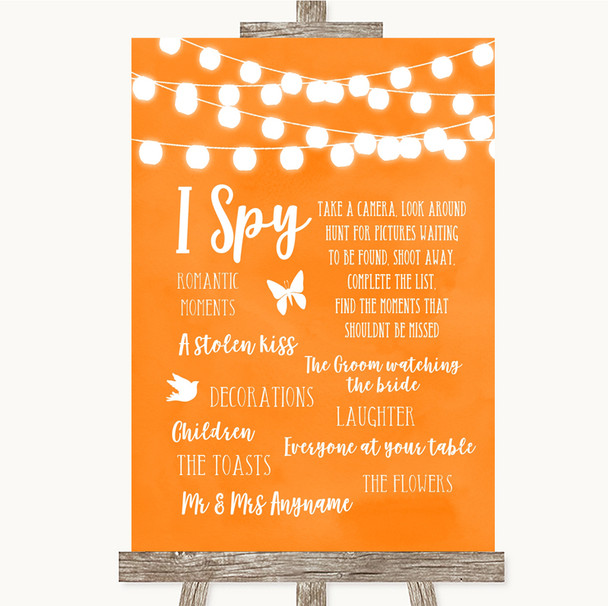 Orange Watercolour Lights I Spy Disposable Camera Personalised Wedding Sign